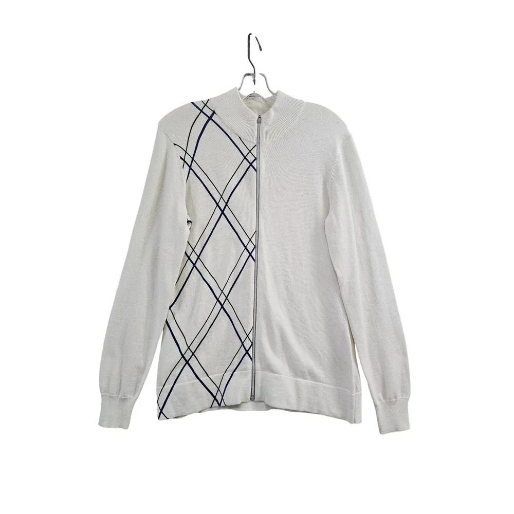 Annika Cutter & Buck Womens White Argyle Full Zip Sweater Mock Neck LAS04705WH M